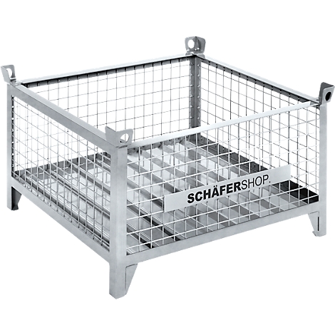 Panier en métal avec parois et fond grillagés, logo de l'entreprise, forme carrée, pieds.